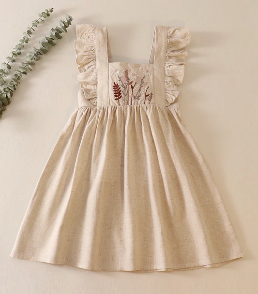 Floral Embroidered Linen Ruffled Dress